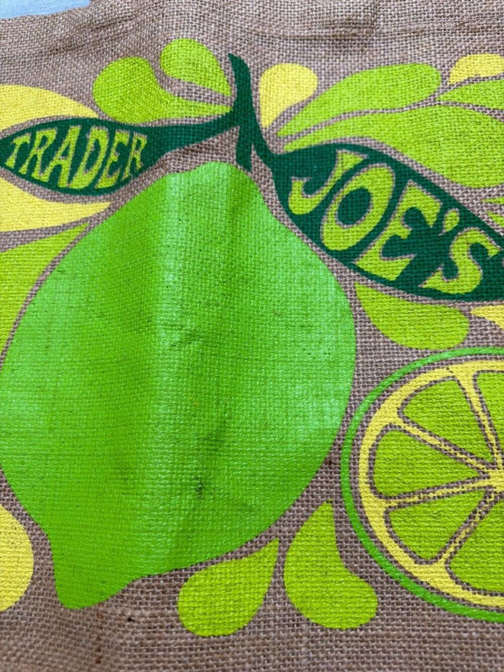 Trader Joes Lemon Lime Design Jute Tote Bag Cotton Handles Retired Citrus NWT - Picture 2 of 6
